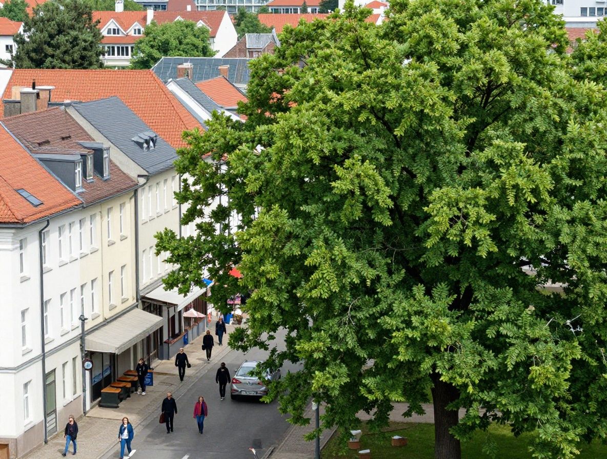 Kontrastreiche Aufnahme von einem Stadtrand, auf einer Seite dichte Stadtgebäude mit lebhaftem Alltag und auf der anderen ruhige grüne Bäume, symbolisiert Kontrast zwischen städtischer Lärmbelastung und Naturstille