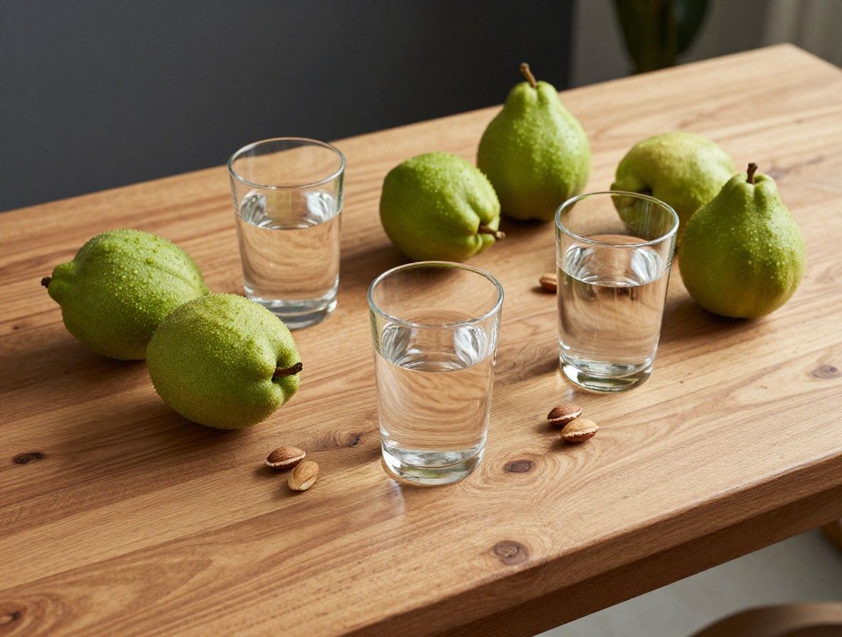 Draufsicht auf einen natürlichen Holztisch mit frischen grünen Pflanzen, einem Glas klaren Wassers, Nüssen und Obst in gedämpften Erdtönen, symbolisiert gesunden Lebensstil